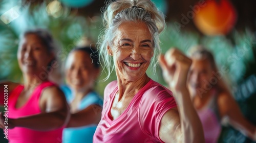 A group of senior women participate in a group exercise class promoting health and community © familymedia