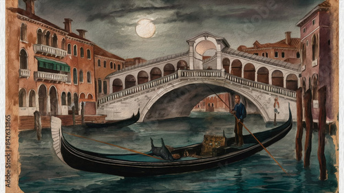 An exquisite 15th-century watercolor painting of a man fishing from a gondola in the enchanting city of Venice.