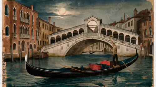 An exquisite 15th-century watercolor painting of a man fishing from a gondola in the enchanting city of Venice. © organik