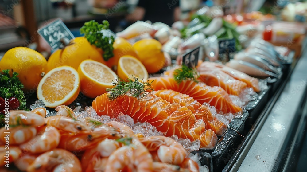 Freshly sliced salmon and shrimp are meticulously arranged on ice for display