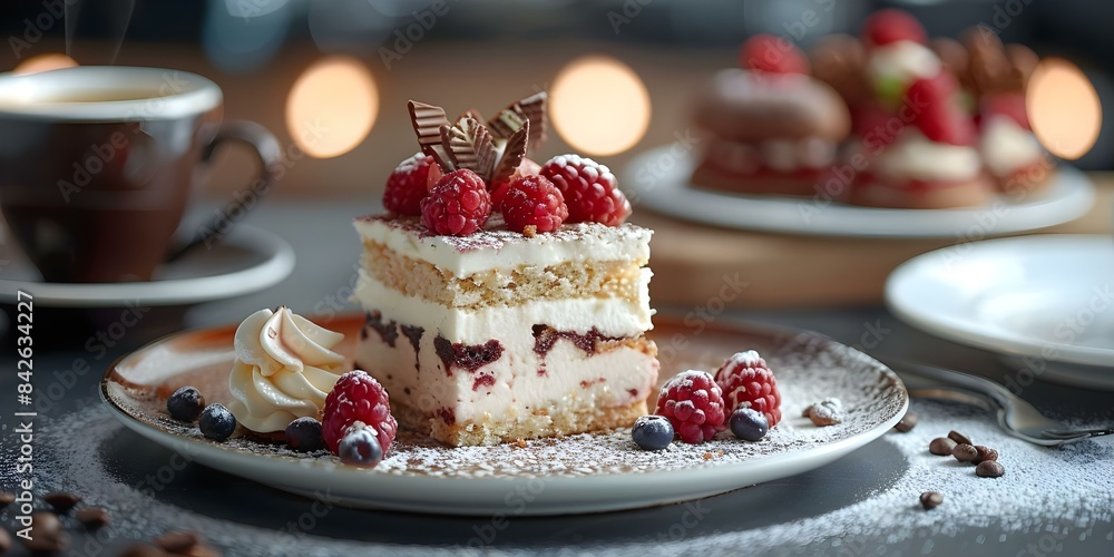 Gourmet Patisserie Offering Elegant Desserts and Coffee in a Radiant Bokeh Setting. Concept Desserts, Coffee, Patisserie, Bokeh, Elegant Setting Gourmet Patisserie Offering Elegant Desserts and Coffee in a Radiant Bokeh Setting. Concept Desserts, Coffee, Patisserie, Bokeh, Elegant Setting