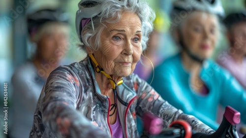 An active senior woman cycling in a group fitness class, blurred faces emphasizing the individual photo