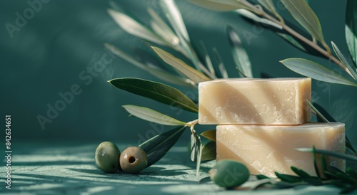 Two Bars Of Olive Oil Soap On Green Background With Olive Branches And Olives