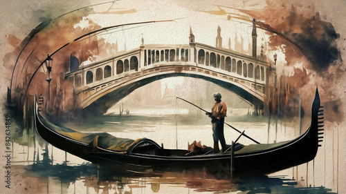 An exquisite 15th-century watercolor painting of a man fishing from a gondola in the enchanting city of Venice.