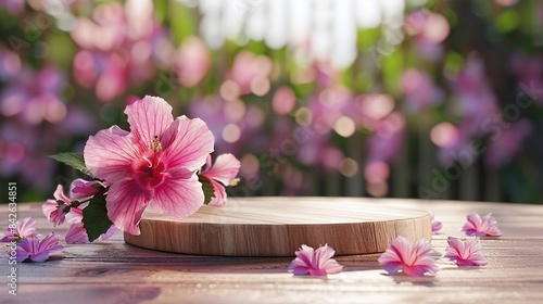 Natural Hibiscus Podium  front view focus  with a Zen Garden Background  ideal for wellness and spa product displays