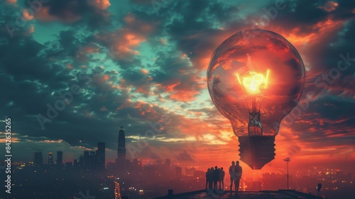 Giant Light Bulb Over City Skyline at Sunset