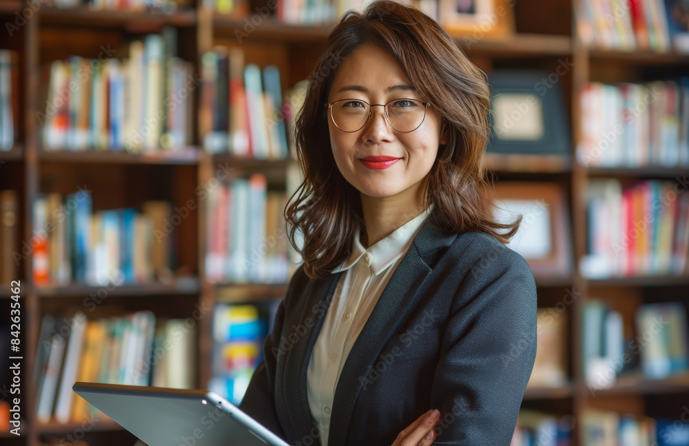Smiling Businesswoman Holding Tablet in Office Library Smiling Businesswoman Holding Tablet in Office Library
