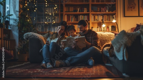 A cozy family moment unfolds as parents and their child enjoy reading books together under the warm glow of a lamp. AIG41 © Summit Art Creations