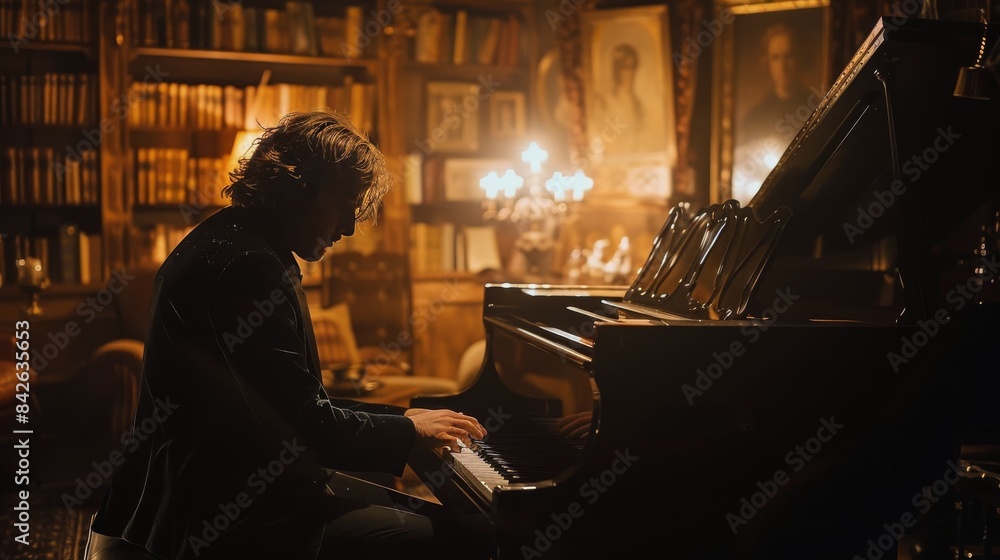 Man Playing Piano in Dimly Lit Library Room Man Playing Piano in Dimly Lit Library Room