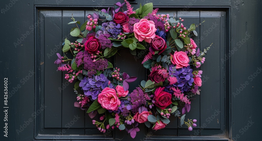 Fototapeta premium Purple, Pink, and Blue Floral Wreath on a Gray Door