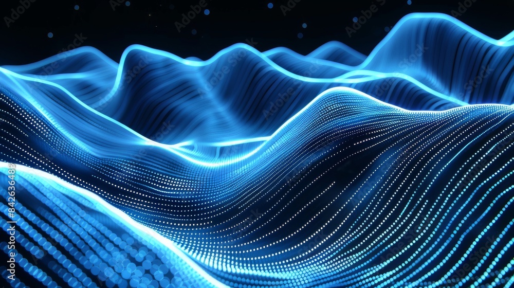 Fototapeta premium c4d rendering background, c4d rendering style, modern smart city, blue and white color, PPT cover design, abstract gradient color lines, Visual design, several flowing glowing lines converge to the sa