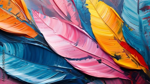 Artistic colorful feather-like strokes on a canvas with pink, blue, and yellow hues photo