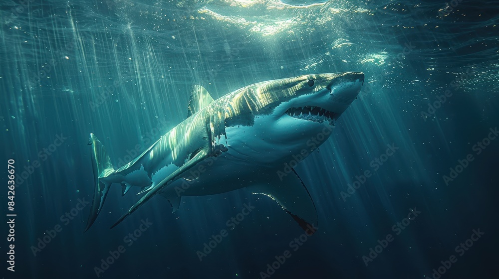 Fototapeta premium Majestic great white shark swimming underwater, beautifully lit by sunlight streaming through the ocean surface, showcasing its powerful presence.