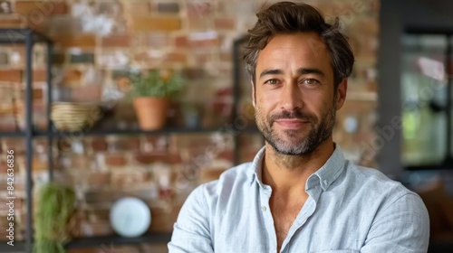 Confident Man With Arms Crossed, Standing in Front of Brick Wall