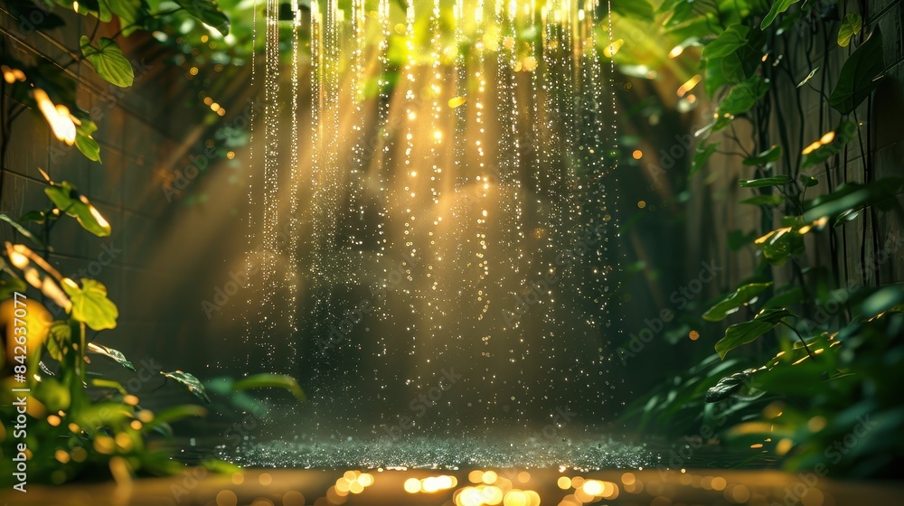 Beautiful serene waterfall in lush green forest, sunlight shining through leaves creating a tranquil and magical atmosphere.