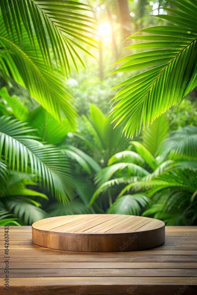 Fototapeta premium Wood tabletop podium floor in outdoors tropical garden forest blurred green leaf plant nature background