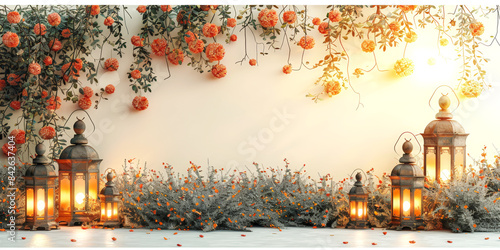 Fototapeta Naklejka Na Ścianę i Meble -  Rustic lanterns surrounded by orange flowers and soft lighting, perfect for cozy and inviting design concepts. Islamic New Year.