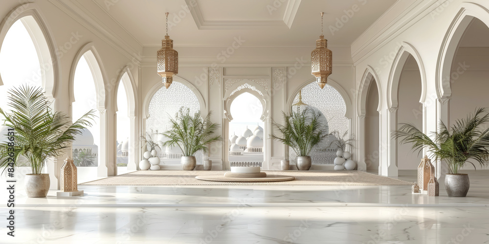 Fototapeta premium Elegant arabian-inspired interior with arched windows, lanterns, and potted plants, ideal for luxury hotel or cultural event promotion. Islamic New Year.