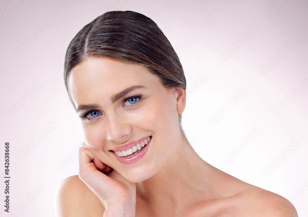 Studio, skincare and face of woman, touch and results of treatment, hand and confidence of aesthetic. Pink background, portrait and proud of dermatology, shine and glow for person, soft and wellness Studio, skincare and face of woman, touch and results of treatment, hand and confidence of aesthetic. Pink background, portrait and proud of dermatology, shine and glow for person, soft and wellness