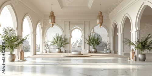 Elegant arabian-inspired interior with arched windows  lanterns  and potted plants  ideal for luxury hotel or cultural event promotion. Islamic New Year.