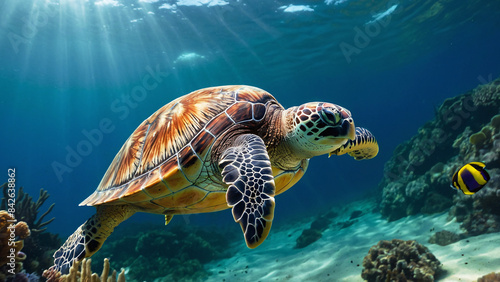 Stunning Majestic Large Endangered Sea Turtle Scouting For Food In Its Natural Habitat Underwater Photography Style 300 PPI High Resolution Image Background Wallpaper