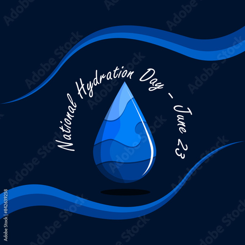 National Hydration Day event banner. Illustration of a decorated water drop on a dark blue background to celebrate on June 23rd