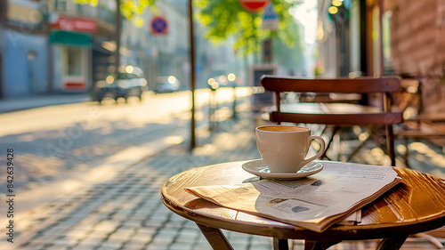 Fototapeta Naklejka Na Ścianę i Meble -  Morning coffee and newspaper on a parisian cafe table