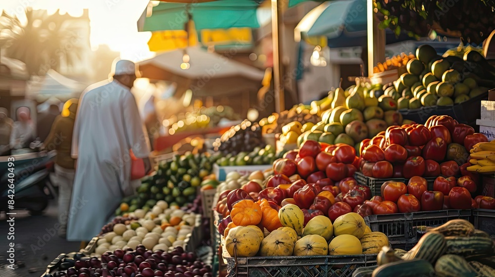 market scenes, eid al - adha background, fruit and vegetables, including a green watermelon, a white sign, and a yellow banana