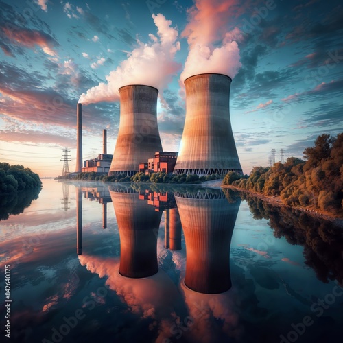 A picturesque sunset view of a nuclear power plant with cooling towers emitting steam, reflecting in calm waters, depicting energy production.