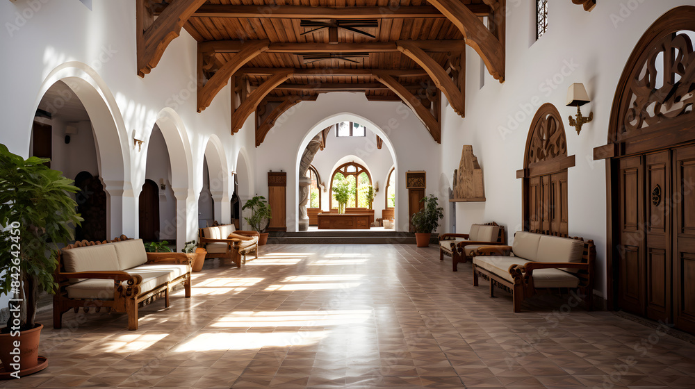 Obraz premium Interior of a Classic Church with Wooden Pews and Ornate Architecture