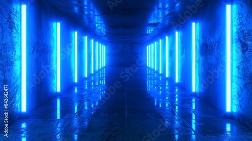 Abstract neon lights in a futuristic space. Modern interior design with electric floor and geometric shapes. Vibrant tunnel and cyber environment for digital and science concepts.