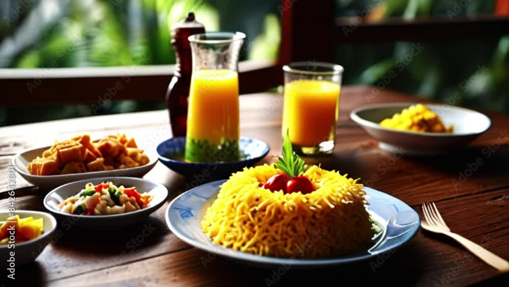 Tumpeng rice on the table in the morning atmosphere. seamless looping 4k video Tumpeng rice on the table in the morning atmosphere. seamless looping 4k video