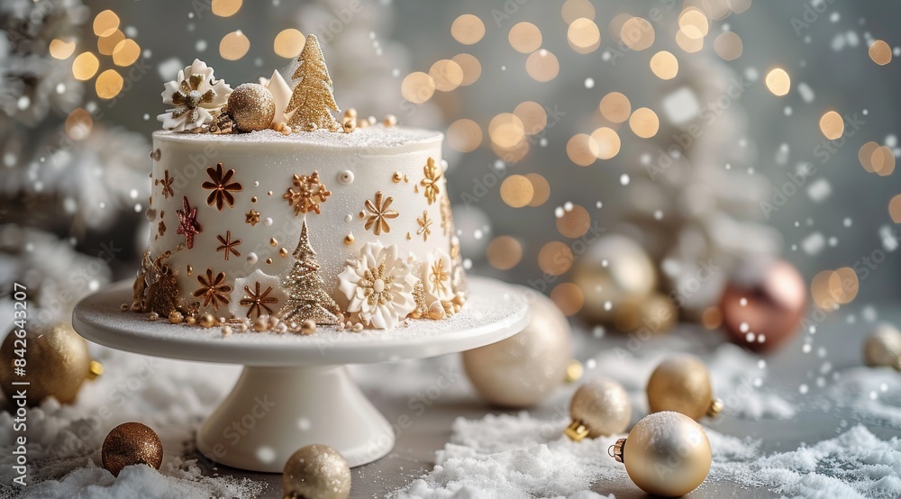 Fototapeta premium White Cake Decorated With Gold Ornaments and Snowflakes for Christmas Celebration
