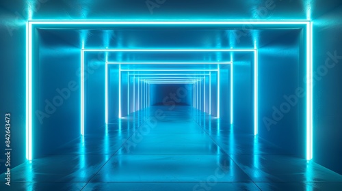 Futuristic room with neon glow and geometric interior. Abstract corridor design with modern illumination and concrete elements. Ideal for technology and electronic-themed displays.