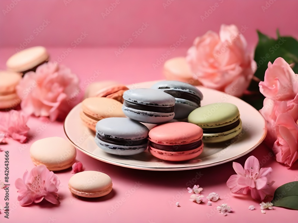 Plate with sweet macaroons and beautiful flowers on pink background. Plate with sweet macaroons and beautiful flowers on pink background.