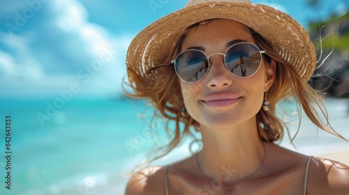Woman Wearing Straw Hat and Sunglasses Smiles on Beach