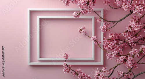 White Frame With Pink Cherry Blossoms On Pink Wall