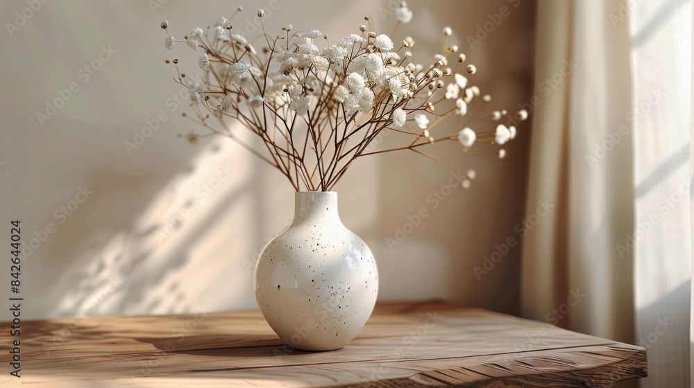 White Babys Breath Flowers in a White Ceramic Vase on a Wooden Table Near a Window White Babys Breath Flowers in a White Ceramic Vase on a Wooden Table Near a Window