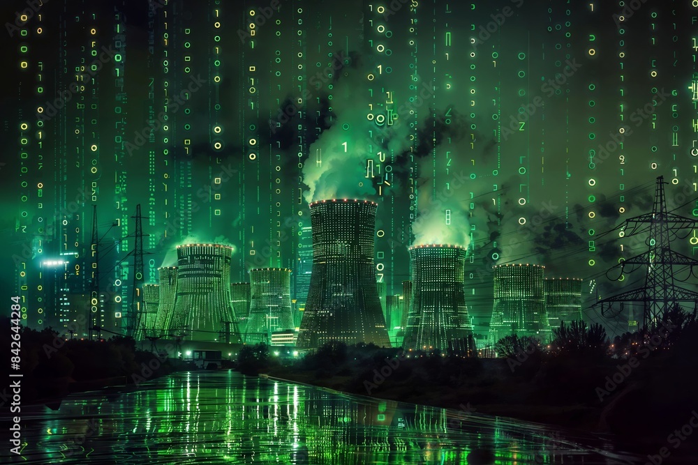 A futuristic and digital visualization of a nuclear power plant with cooling towers emitting green smoke or energy, surrounded by matrix-style code and cityscapes. A futuristic and digital visualization of a nuclear power plant with cooling towers emitting green smoke or energy, surrounded by matrix-style code and cityscapes.
