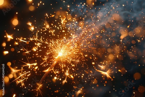 A close-up view of a sparkler ignition with dynamic orange sparks flying and a bokeh effect in the background © Dragana