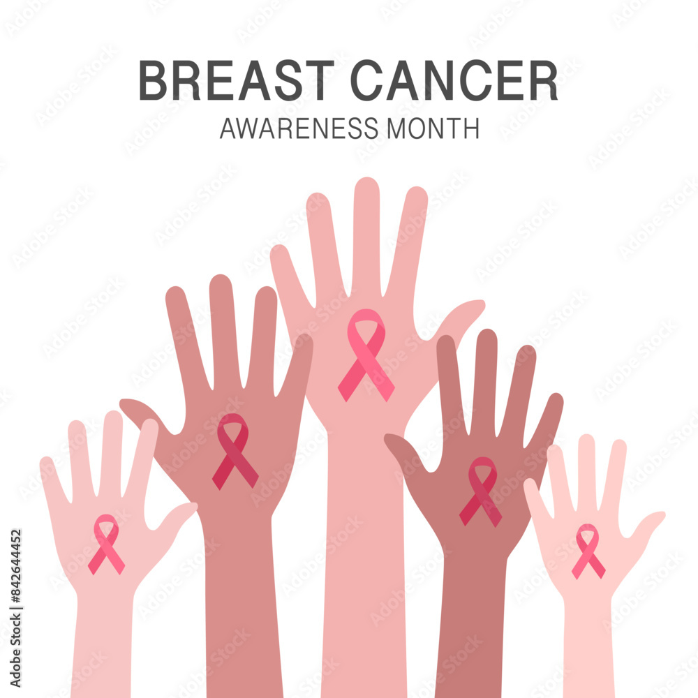 Breast Cancer Awareness Month concept. Hands with pink ribbon logo in flat design. Breast Cancer Awareness Month concept. Hands with pink ribbon logo in flat design.