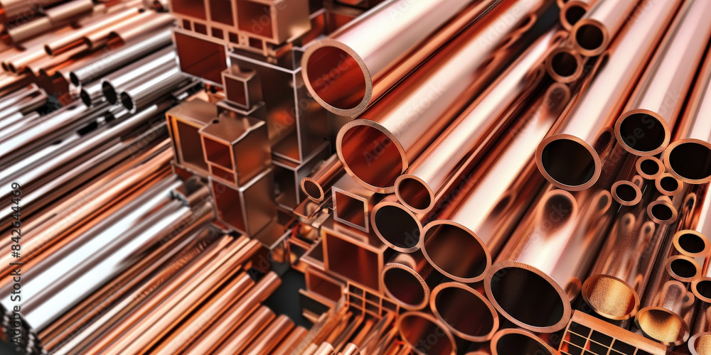 Assorted copper pipes and profiles stacked together, showcasing various shapes and sizes. shiny, metallic surface of the copper material, representing industrial and construction applications.. Assorted copper pipes and profiles stacked together, showcasing various shapes and sizes. shiny, metallic surface of the copper material, representing industrial and construction applications..