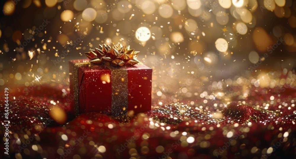 Red Gift Box Surrounded By Falling Gold Confetti Red Gift Box Surrounded By Falling Gold Confetti