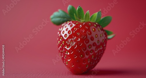 Ripe Red Strawberry With Green Leaves on Pink Background