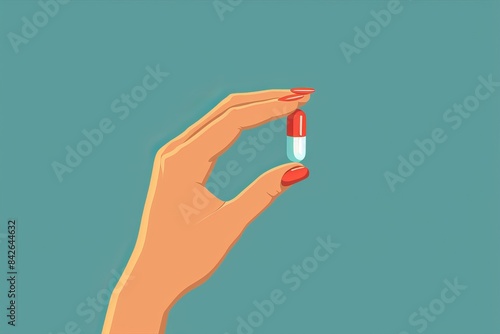 Artistic illustration of a slender hand with red nail polish holding a capsule, set against a minimal teal background photo