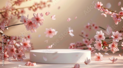 White Platform With Falling Cherry Blossoms in Springtime