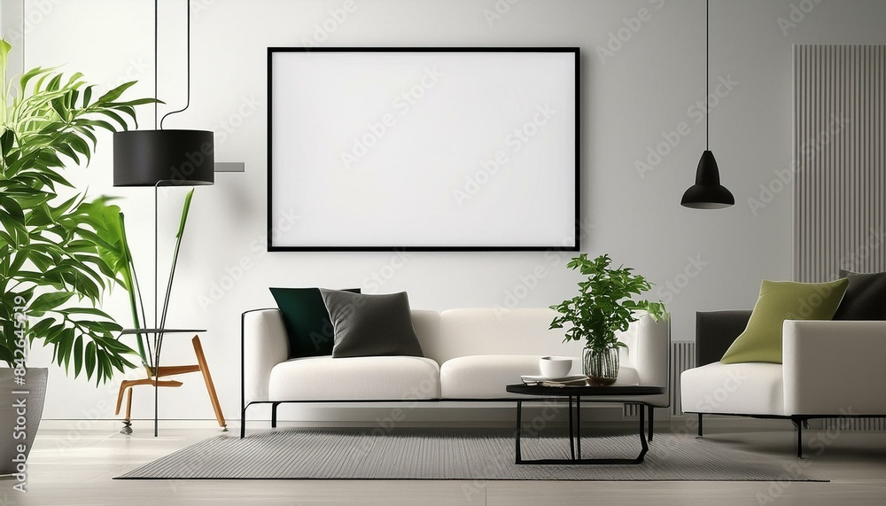 a blank white poster mockup frame with dark border in a modern and bright interior space a blank white poster mockup frame with dark border in a modern and bright interior space