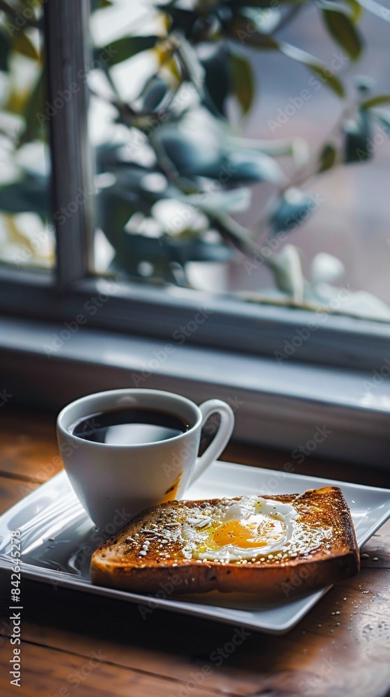 Featuring a simple black coffee and a burnt toast with oil Featuring a simple black coffee and a burnt toast with oil