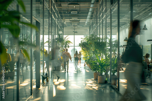 a group of people walking through a building