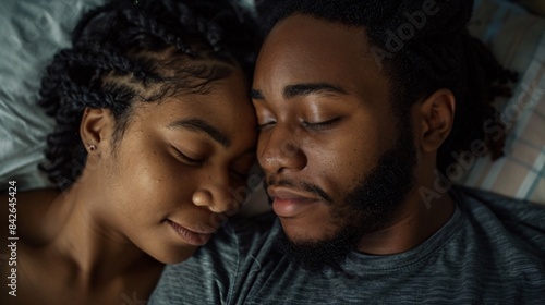 Young couple is sleeping soundly in bed, their faces touching and their eyes closed © ALEXSTUDIO